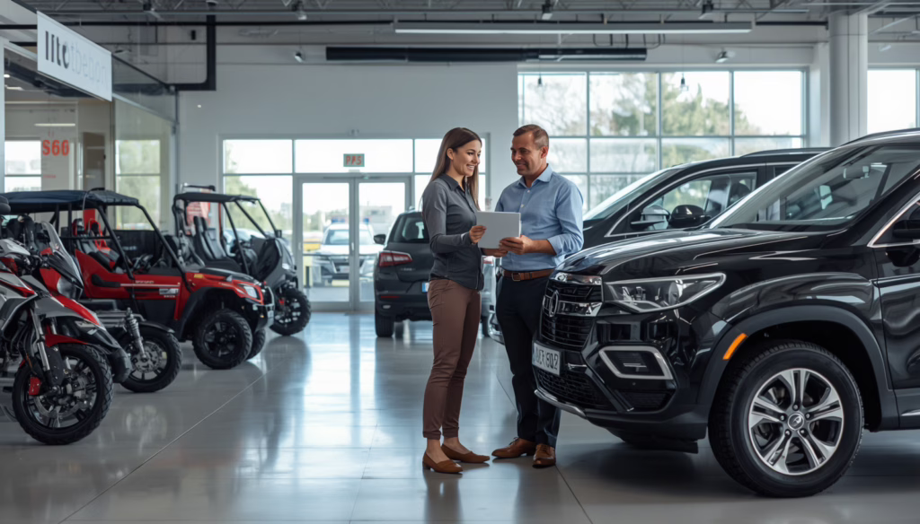 Colorado motor vehicle and powersports salesperson reviewing sales documents in a dealership while meeting $15,000 bond compliance standards.