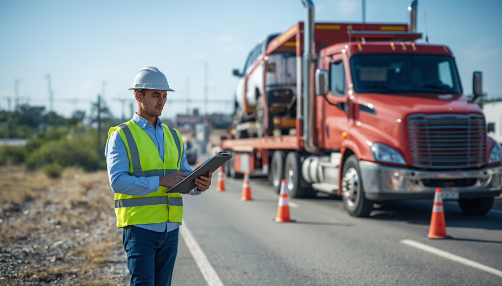 Colorado Motor Carrier or Towing $50,000 Bond inspection showing commercial transport operator reviewing compliance documents beside a transport truck.