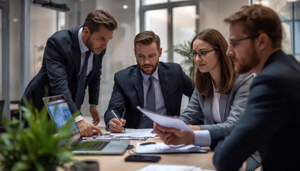 Private investigation team analyzing case documents and evidence in a professional office environment under Colorado private investigator licensing and bonding requirements.
