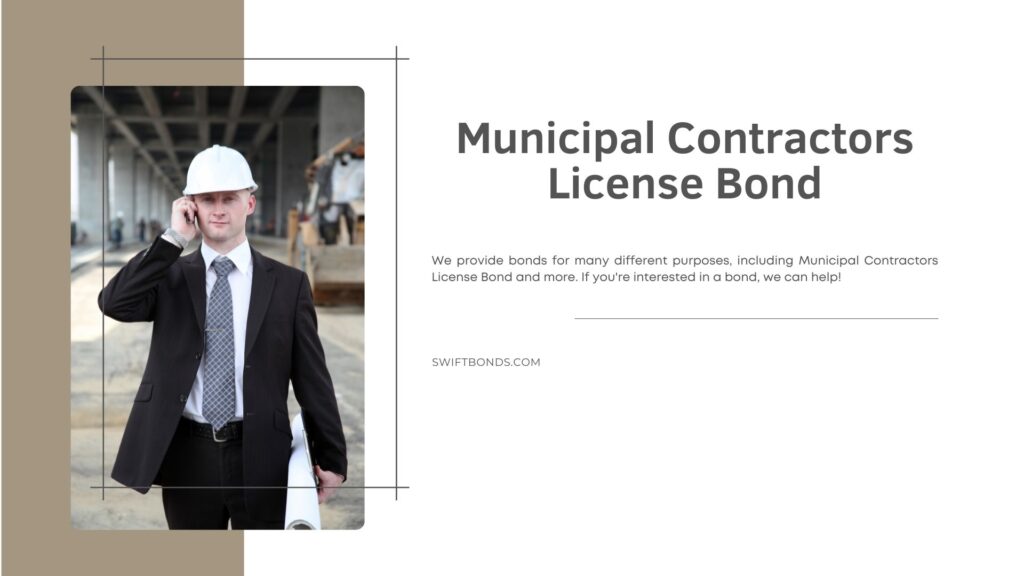 Municipal Contractors License Bond - Contractor wearing white hard hat and talking to his phone, behind him is a commercial building being constructed.
