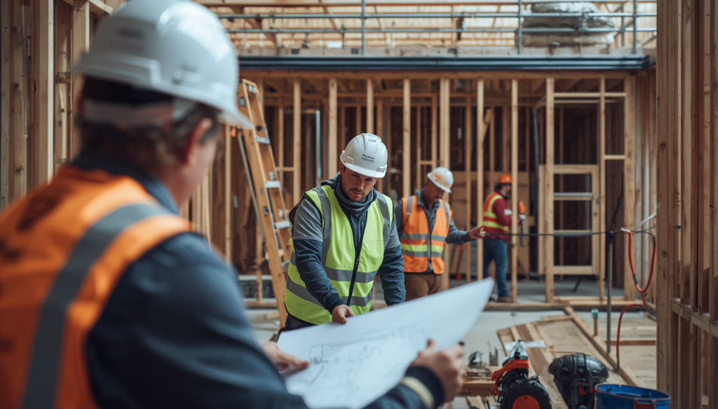 Licensed New Castle Delaware building contractors reviewing blueprints and coordinating construction progress under contractor bond requirements.