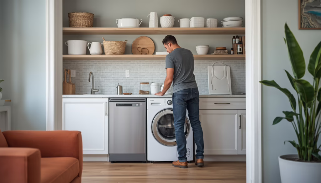 Decorative appliance contractor inspecting and positioning premium laundry and kitchen appliances for a residential installation project covered by a New Castle contractor bond.