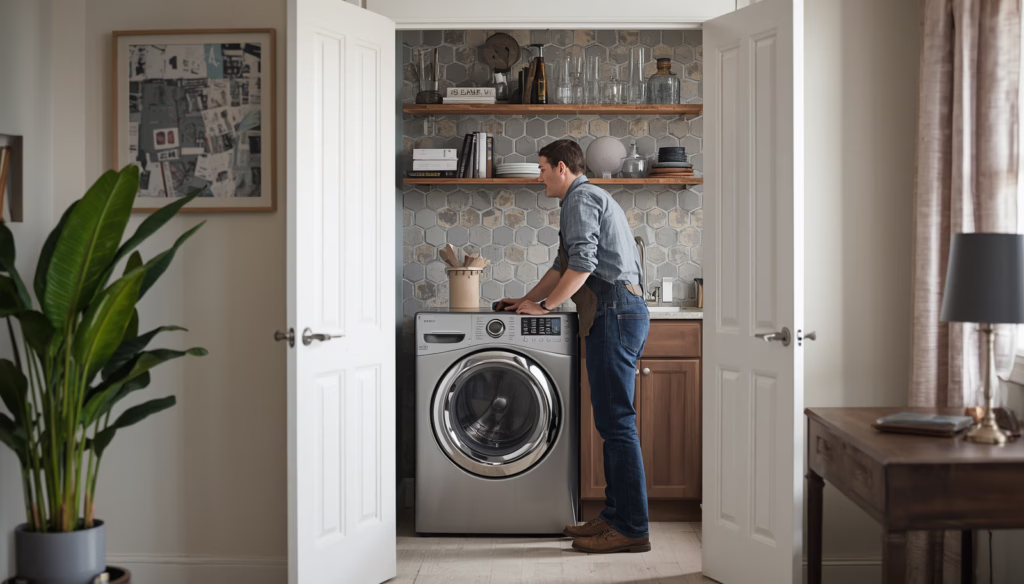 Decorative appliance contractor installing a front-loading laundry appliance in a modern New Castle, DE home under contractor bond compliance requirements.
