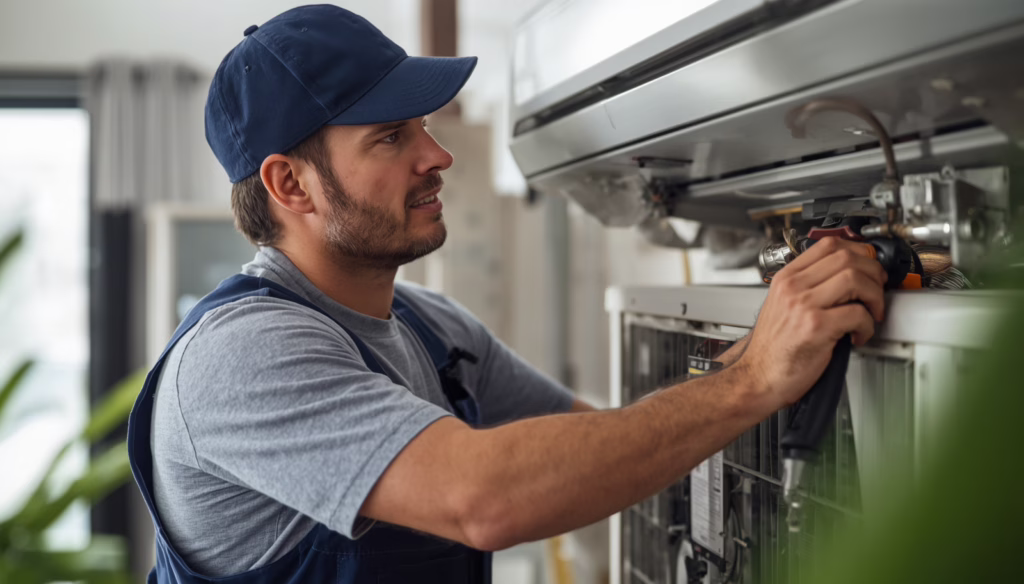 Licensed HVACR contractor performing air conditioner maintenance under New Castle, Delaware HVACR contractor bond and local code regulations.