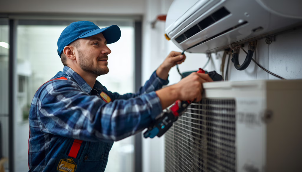 HVACR technician servicing a residential air conditioning unit for New Castle, DE HVACR Contractor $25,000 Bond licensing and compliance requirements.