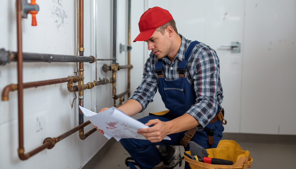New Castle Delaware plumbing contractor evaluating piping installations and code compliance while meeting Master Plumber Contractor bond requirements.