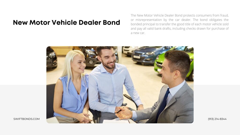 New Motor Vehicle Dealer Bond - Happy couple with dealer buying car in auto show or salon.