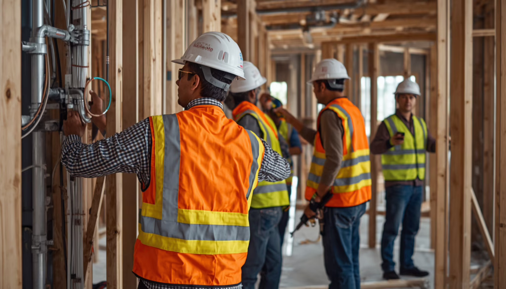 Newark Unlimited General Contractor Bond contractors reviewing electrical and mechanical system installations to ensure code compliance and project quality.