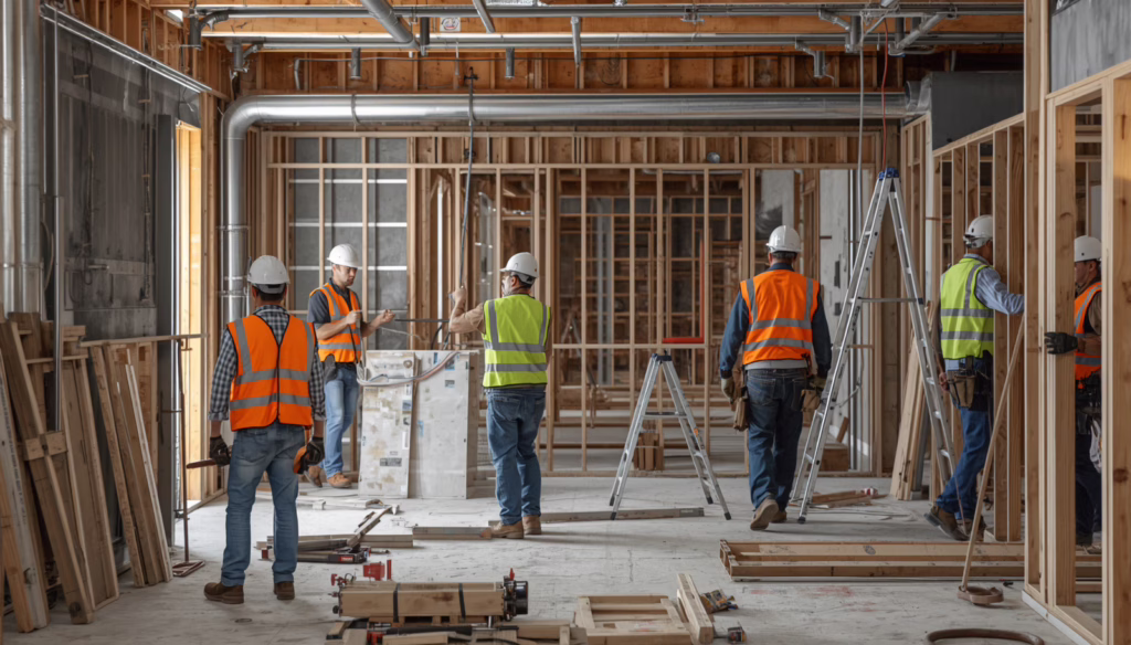 Construction professionals performing site supervision under Newark, DE Unlimited General Contractor Bond requirements during commercial building development.
