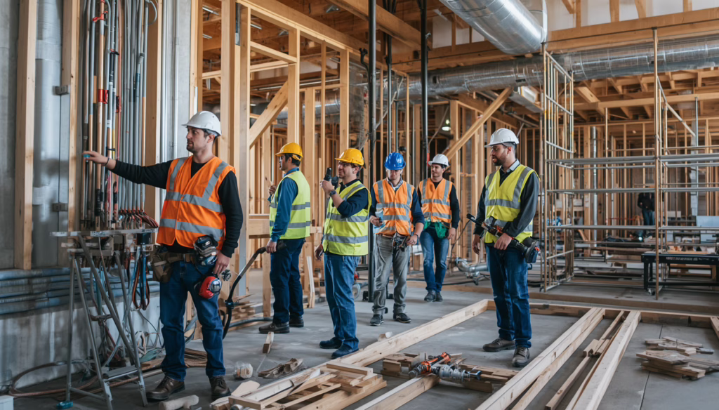 Newark, Delaware Unlimited General Contractor Bond compliance inspection showing licensed contractors coordinating structural and utility installations.