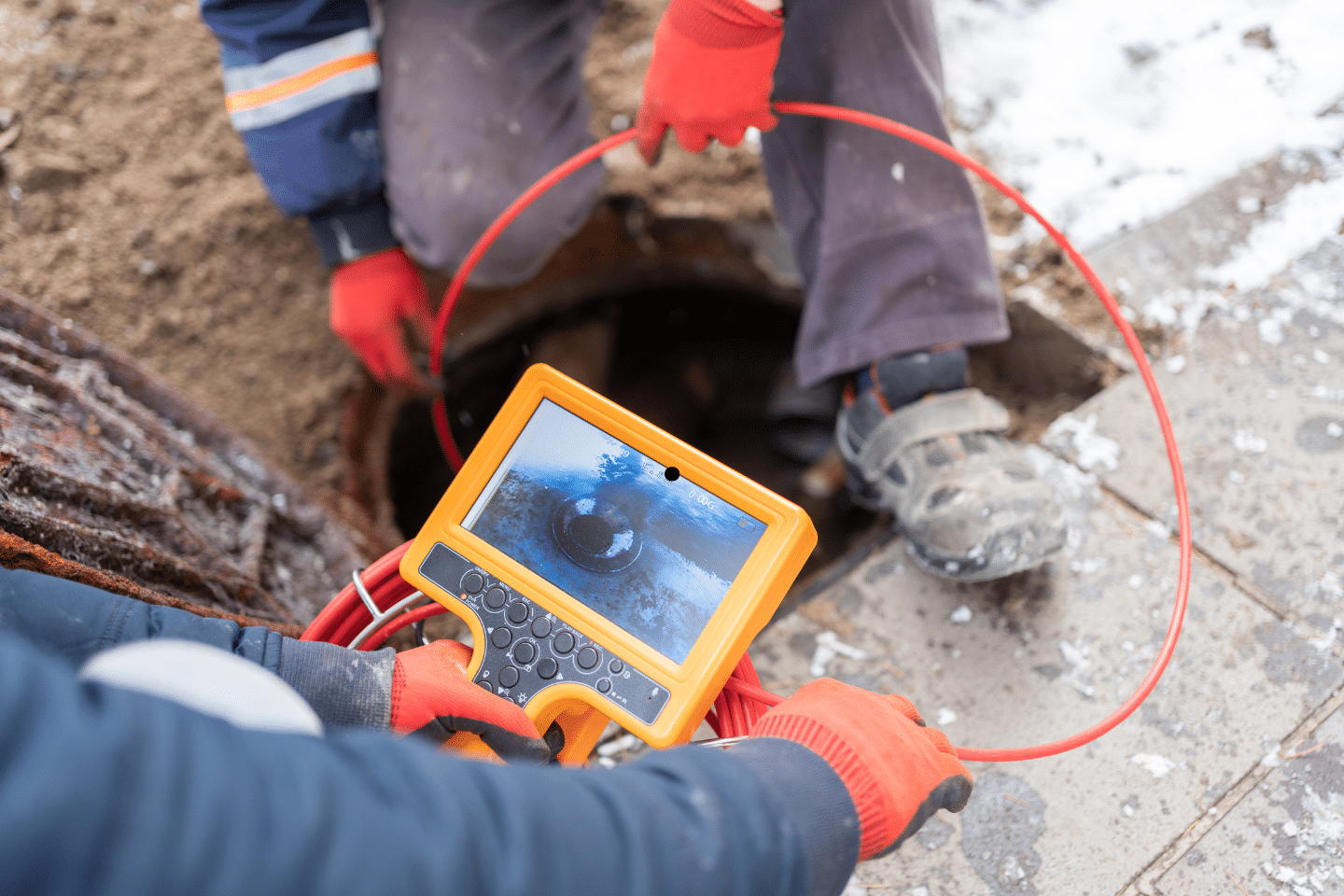 Sewer technicians using a camera inspection device to examine underground pipelines.