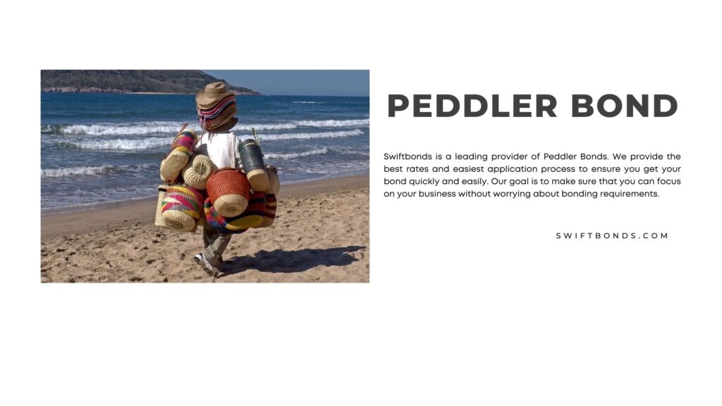 Peddler Bond - Peddler on beach selling hats and baskets carries his heavy load along a sandy beach.