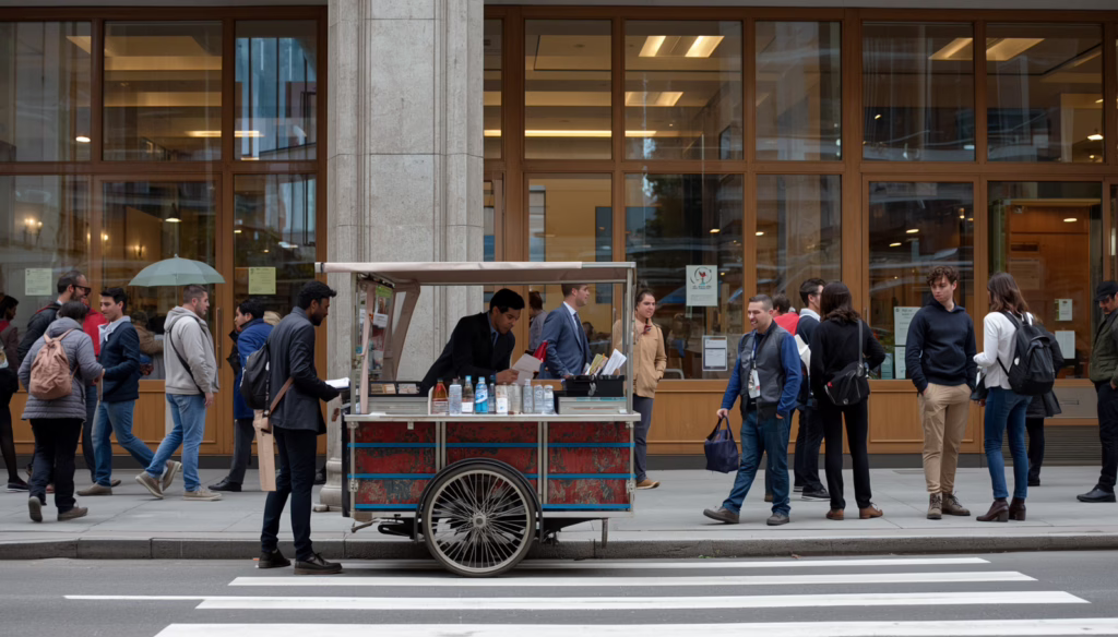Mobile street vendor operating under a Chico house-to-house peddling and soliciting permit bond in a busy California commercial district