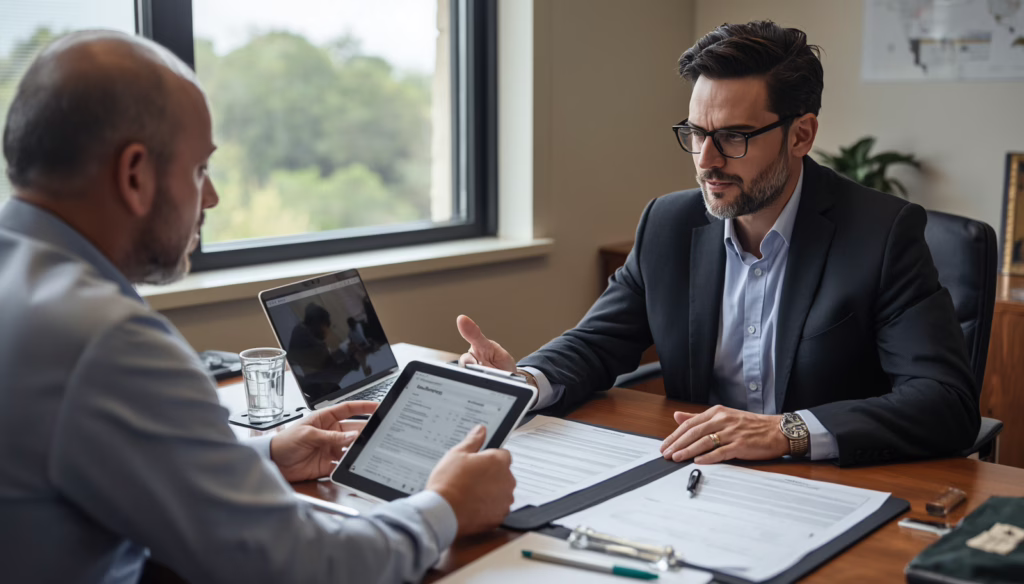 Colorado Preneed Contract Seller $10,000 Bond meeting with advisors reviewing licensing paperwork, bond requirements, and regulatory compliance documentation.