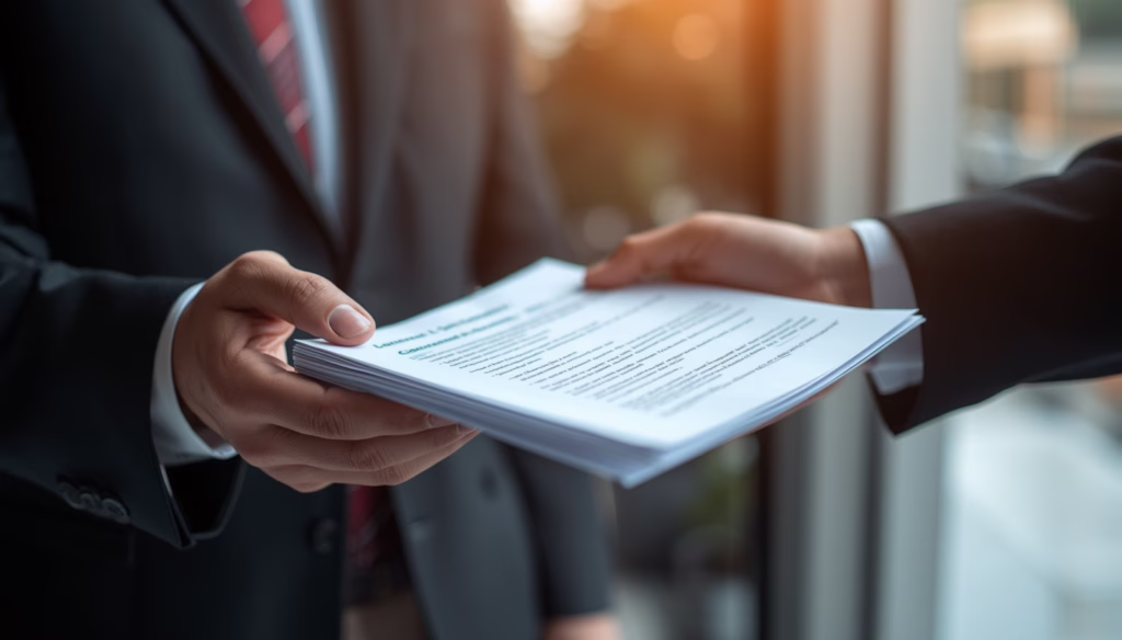 Close-up of official legal paperwork exchange representing California Process Server Bond services and licensed document delivery.
