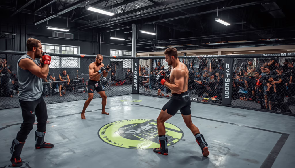 SEO alt text for California Professional Club and Promoter Bond featuring MMA fighters training inside a professional mixed martial arts promotion facility.