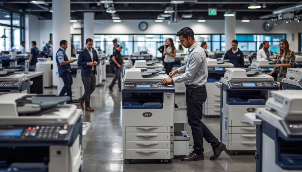SEO alt text for California Professional Photocopier Bond featuring employee managing high-volume photocopiers in a licensed commercial copy center.