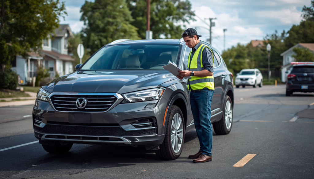 Colorado Repossessor $50,000 Bond agent inspecting a repossessed vehicle and verifying compliance documentation before recovery.