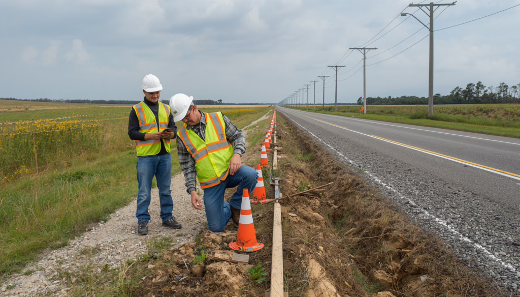 Right-of-way field inspection crew assessing roadside utility work and permit compliance for a right-of-way bond construction project.