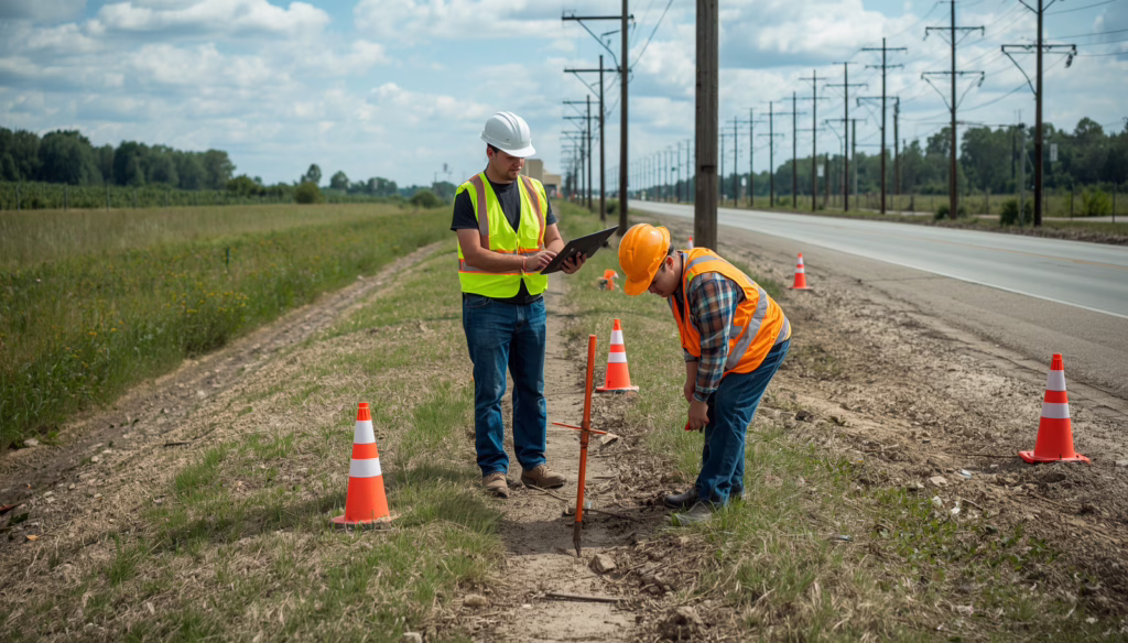 Construction professionals reviewing excavation activities along a public roadway under right-of-way permit bond requirements and infrastructure restoration standards.