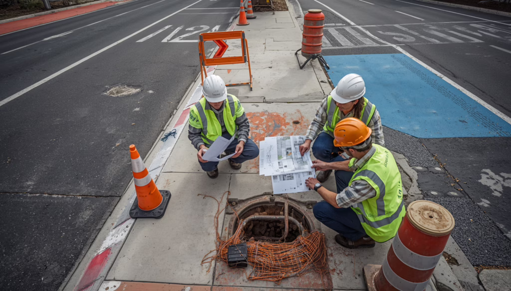 El Paso County right of way permit project showing utility excavation work, traffic control measures, and contractor compliance with roadway restoration requirements.