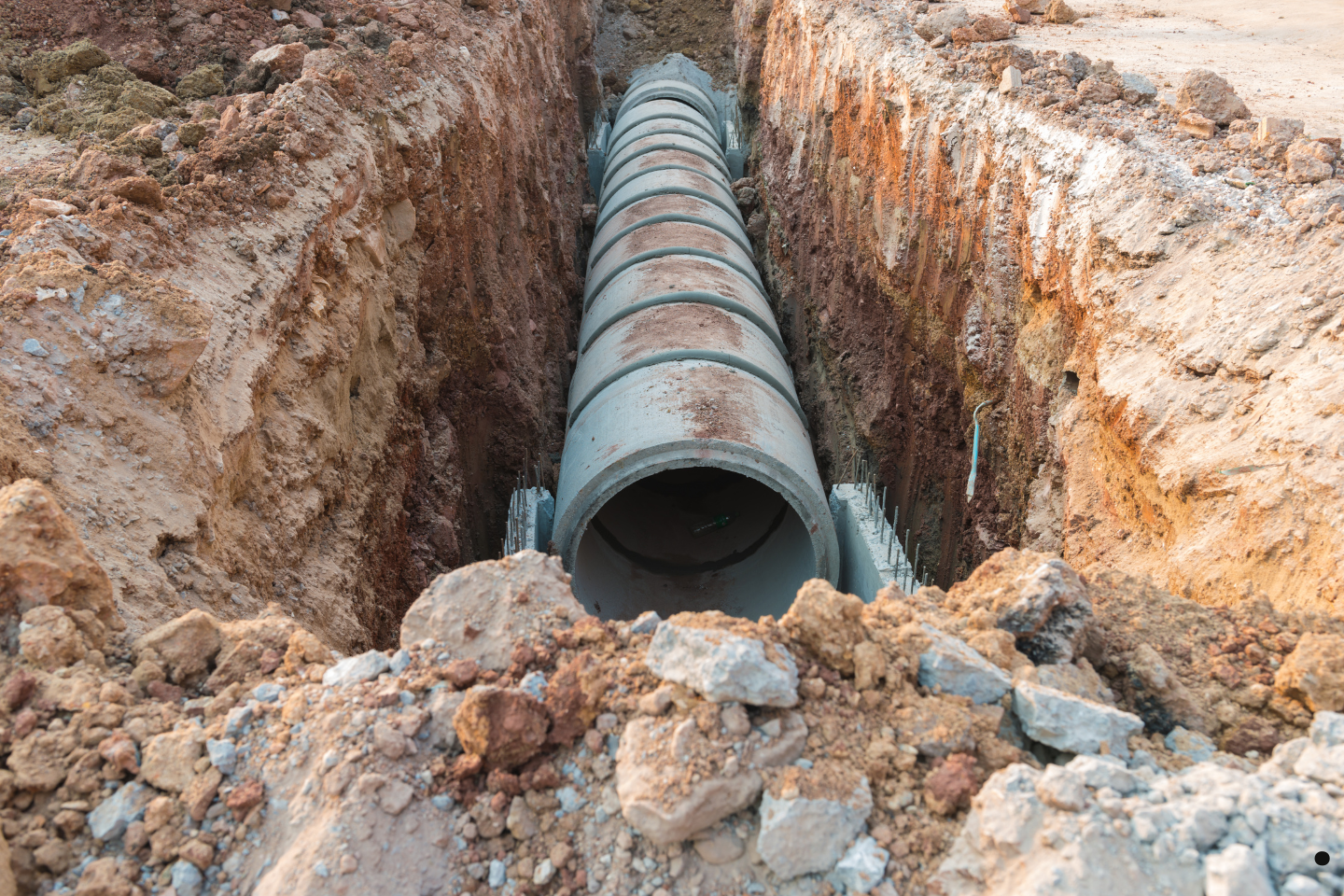 Large concrete sewer pipe installed in a deep trench during construction.