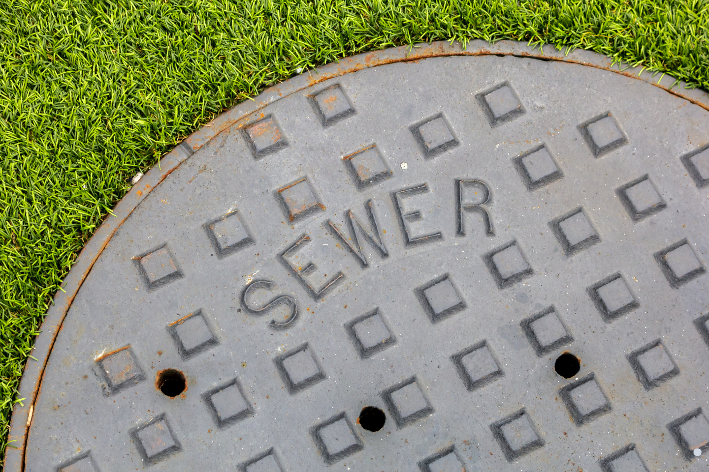 Close-up of a sewer manhole cover set into grass, symbolizing private property sewer infrastructure access points.