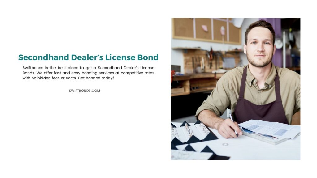 Secondhand Dealer’s License Bond - Portrait of smiling young man sitting at table in jewelry shop looking at camera with documents and ring.
