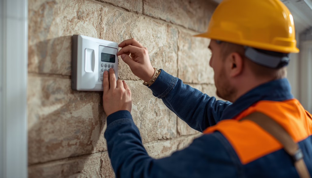 Experienced alarm installer setting up a monitored security system in Boise, Idaho, highlighting professional and bonded alarm installation practices.