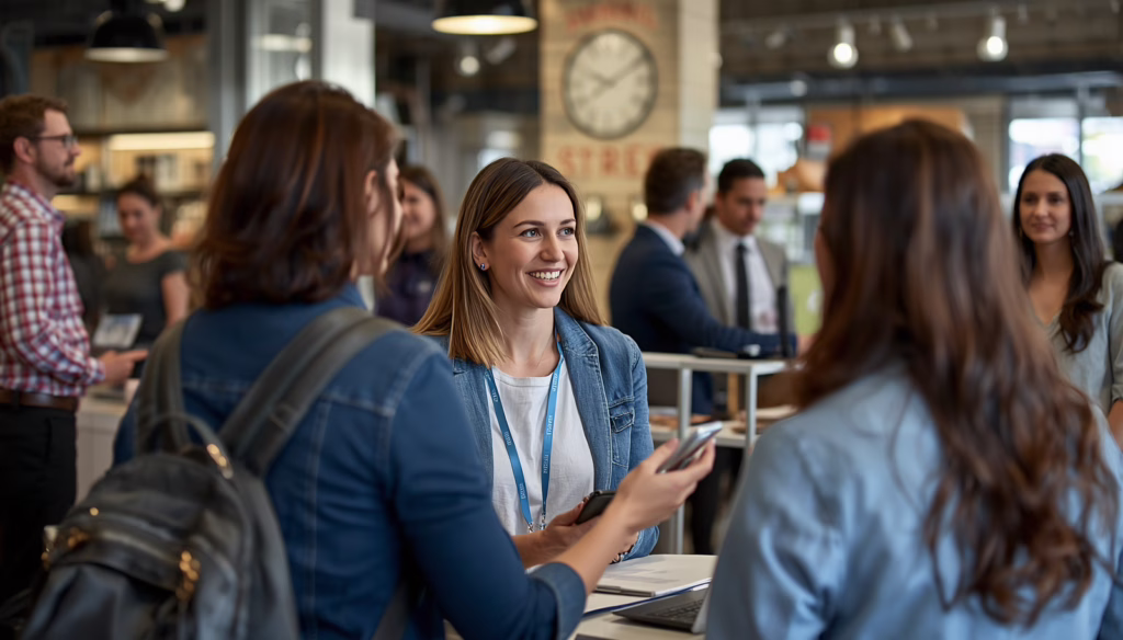 Professional networking event attendees discussing California Bond of Seller requirements and business licensing solutions at a trade show booth