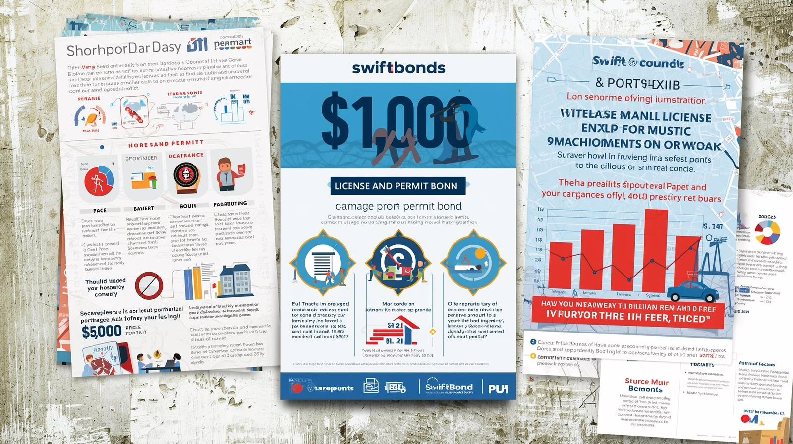 Poster-style layout displaying various license and permit bond infographics including a $1,000 damage permit bond.