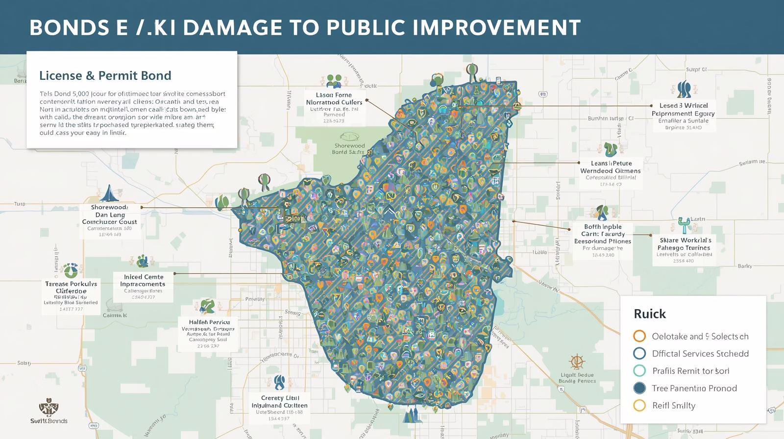 Map visualization showing Shorewood, IL coverage and details of the Damage to Public Improvement Bond.