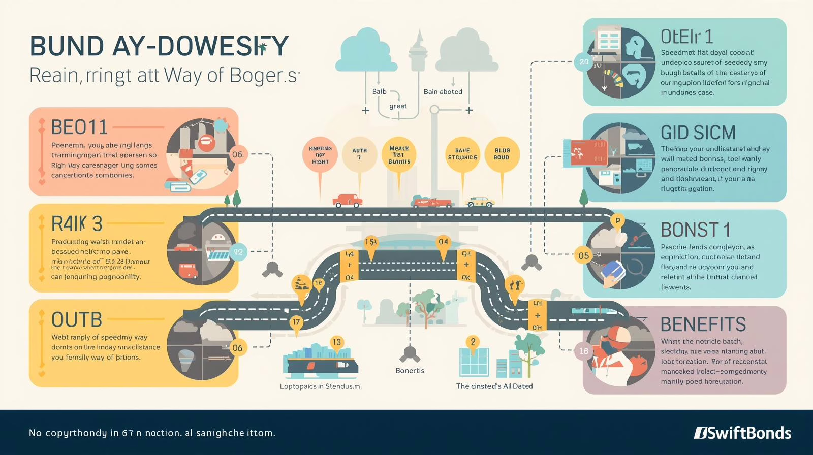 Illustrated infographic showing right-of-way bond benefits and responsibilities with vehicles, road icons, and compliance steps.