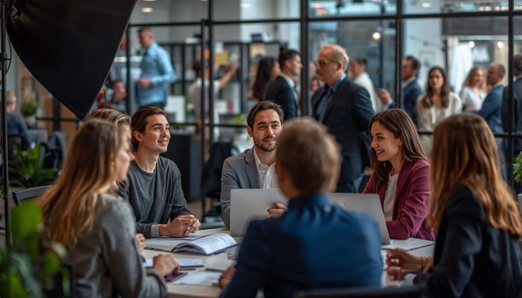 Business team at a California fee-related talent service company planning artist management strategies and reviewing licensing paperwork.