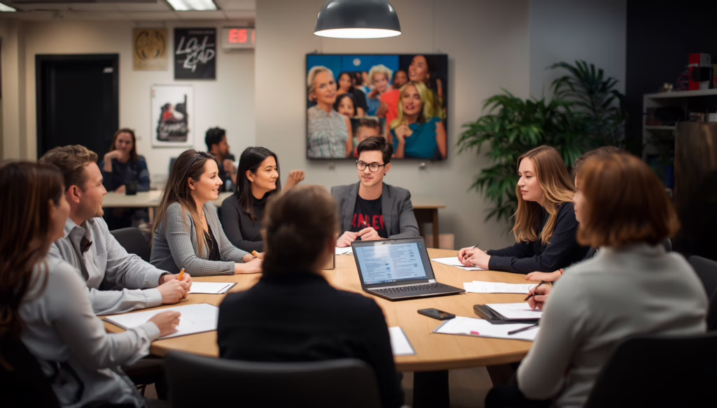 Professionals collaborating in a California talent service agency office while reviewing recruitment agreements and performer placement documents.