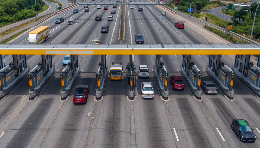 California Guarantee Toll Charges Bond toll plaza with multiple vehicles using electronic toll lanes on a busy California highway.