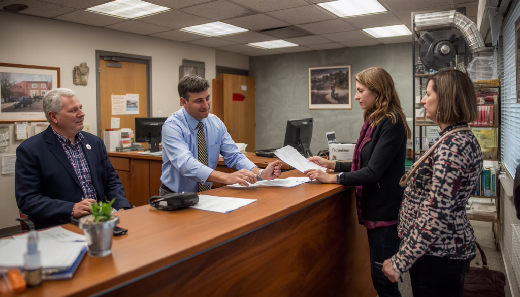 Town of Vernon, CT permit services counter processing permit paperwork and helping applicants complete local bonding requirements.
