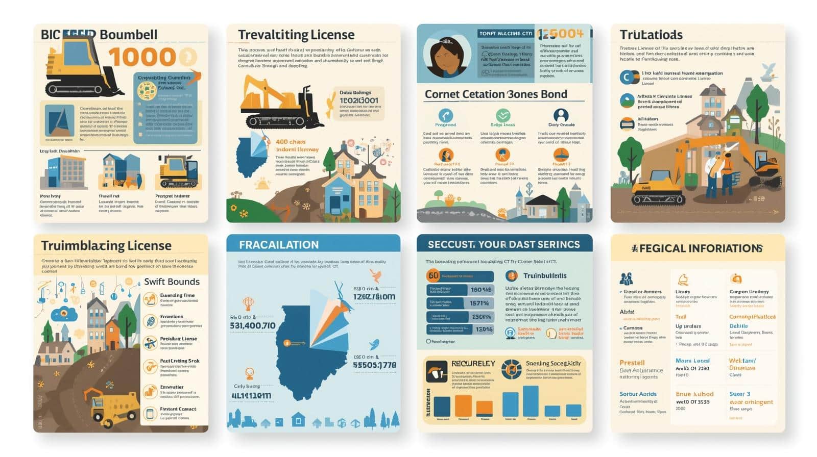 Multi-panel infographic highlighting Excavating License bond statistics, licensing steps, and benefits for Trumbull, CT.