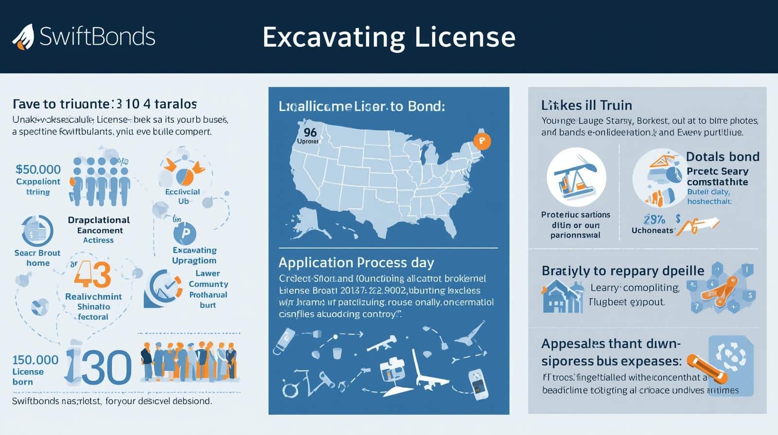 SwiftBonds infographic explaining Excavating License application, costs, and approval process in the U.S.