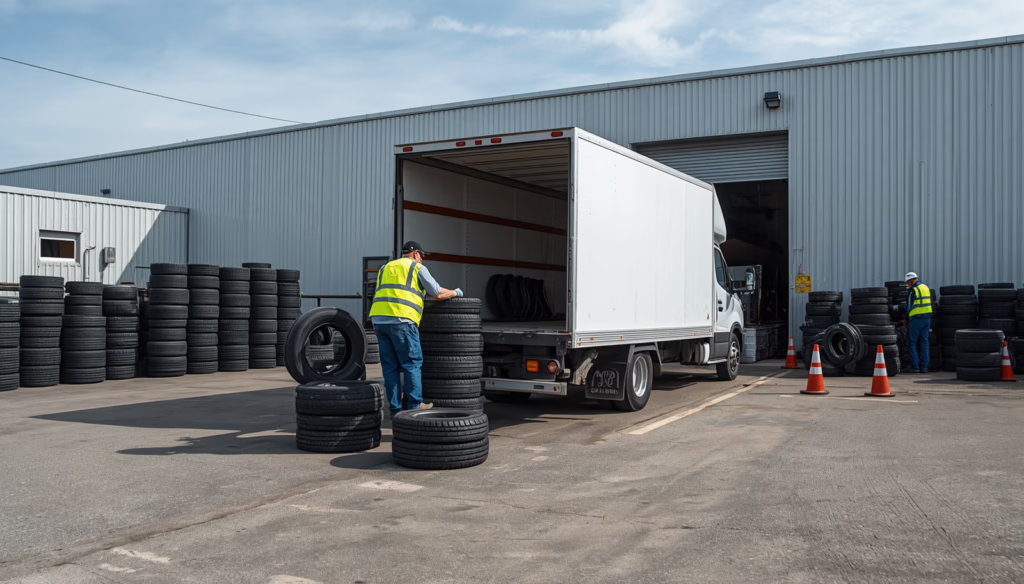 Waste tire hauler loading used tires onto a transport truck at a licensed recycling facility in Colorado for proper disposal and environmental compliance.