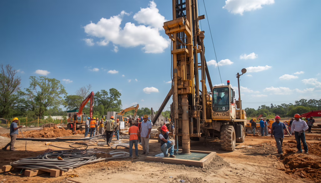 Industrial well drilling project with contractors and drilling machinery performing regulated groundwater excavation work covered by a Contra Costa, CA Well Driller Performance Bond.