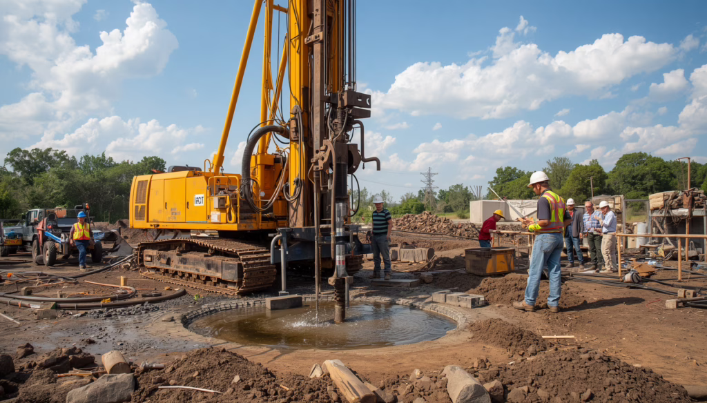 Well drilling contractor operating heavy drilling equipment at a construction site in Contra Costa County, CA for Well Driller Performance Bond compliance.