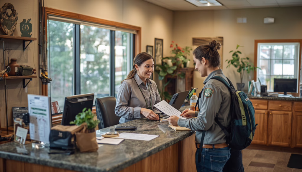 Customer service interaction for a Colorado Division of Wildlife License Agent Bond requirement featuring wildlife licensing staff assisting outdoor recreation permit applicants.