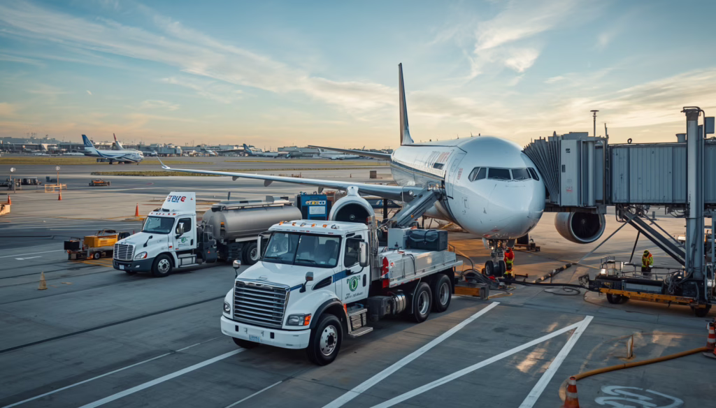 Connecticut Aviation Fuel Dealer Bond operations with aircraft refueling crew servicing a commercial jet at the airport apron to ensure regulatory compliance and safe fuel distribution.