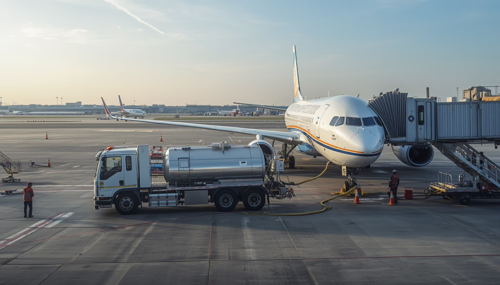 Commercial aircraft receiving fuel from an aviation tanker truck, illustrating Connecticut Aviation Fuel Dealer Bond requirements for licensed aviation fuel operations.