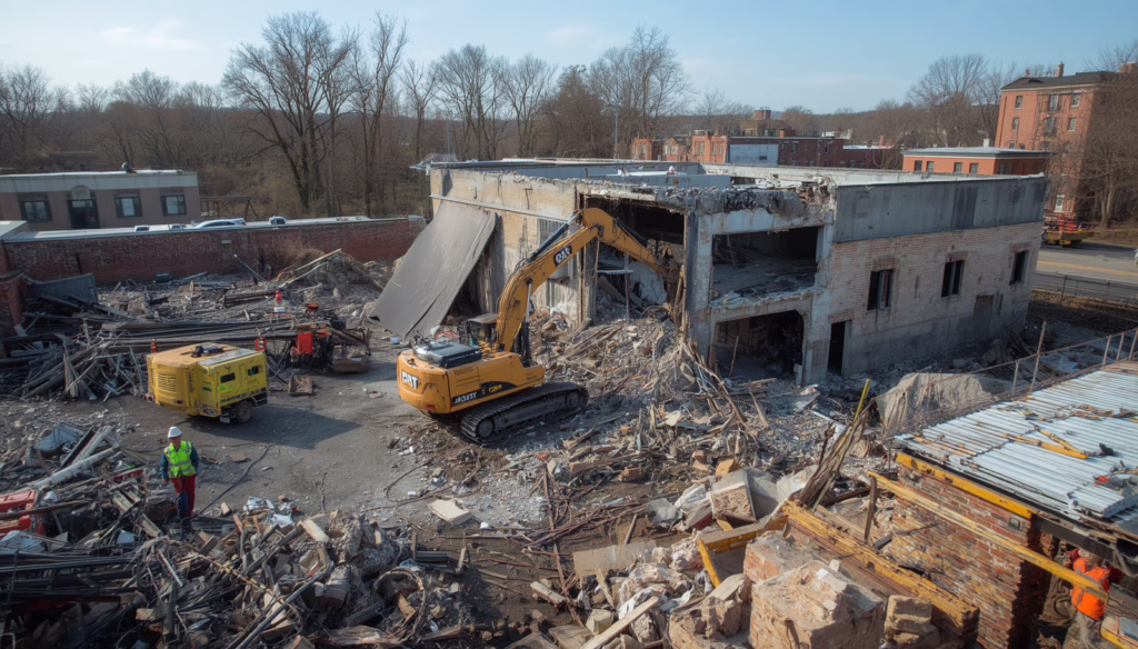Commercial building demolition project in Killingly, Connecticut, featuring heavy equipment, debris removal, and permit-compliant site clearance secured by a Demolition Bond.