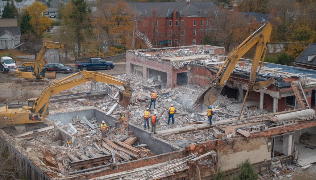 Professional demolition contractors safely dismantling a commercial structure in Killingly, CT, with excavation equipment, safety measures, and municipal bond compliance.
