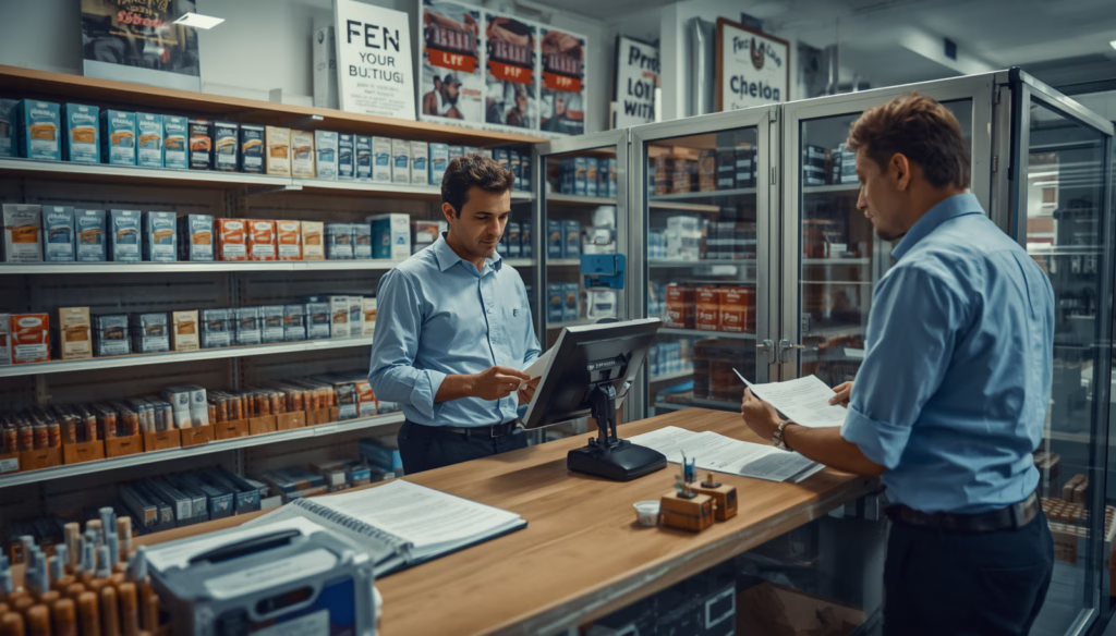 Colorado Cigarette License Bond compliance review between retailer and state licensing representative in a tobacco retail store.