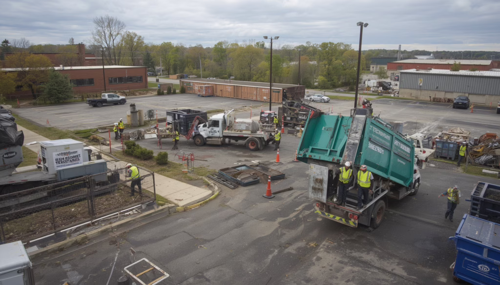 Commercial refuse disposal trucks and waste management crews operating at a Connecticut waste processing facility under municipal refuse disposal bond requirements.
