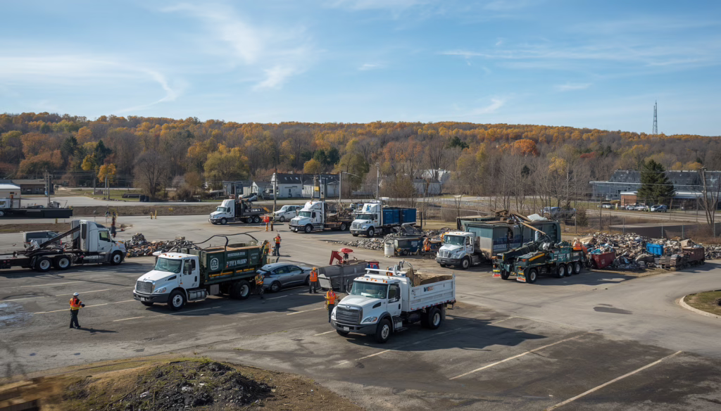 Waste hauling vehicles and refuse collection equipment servicing a Connecticut disposal site in compliance with local licensing and bonding regulations.